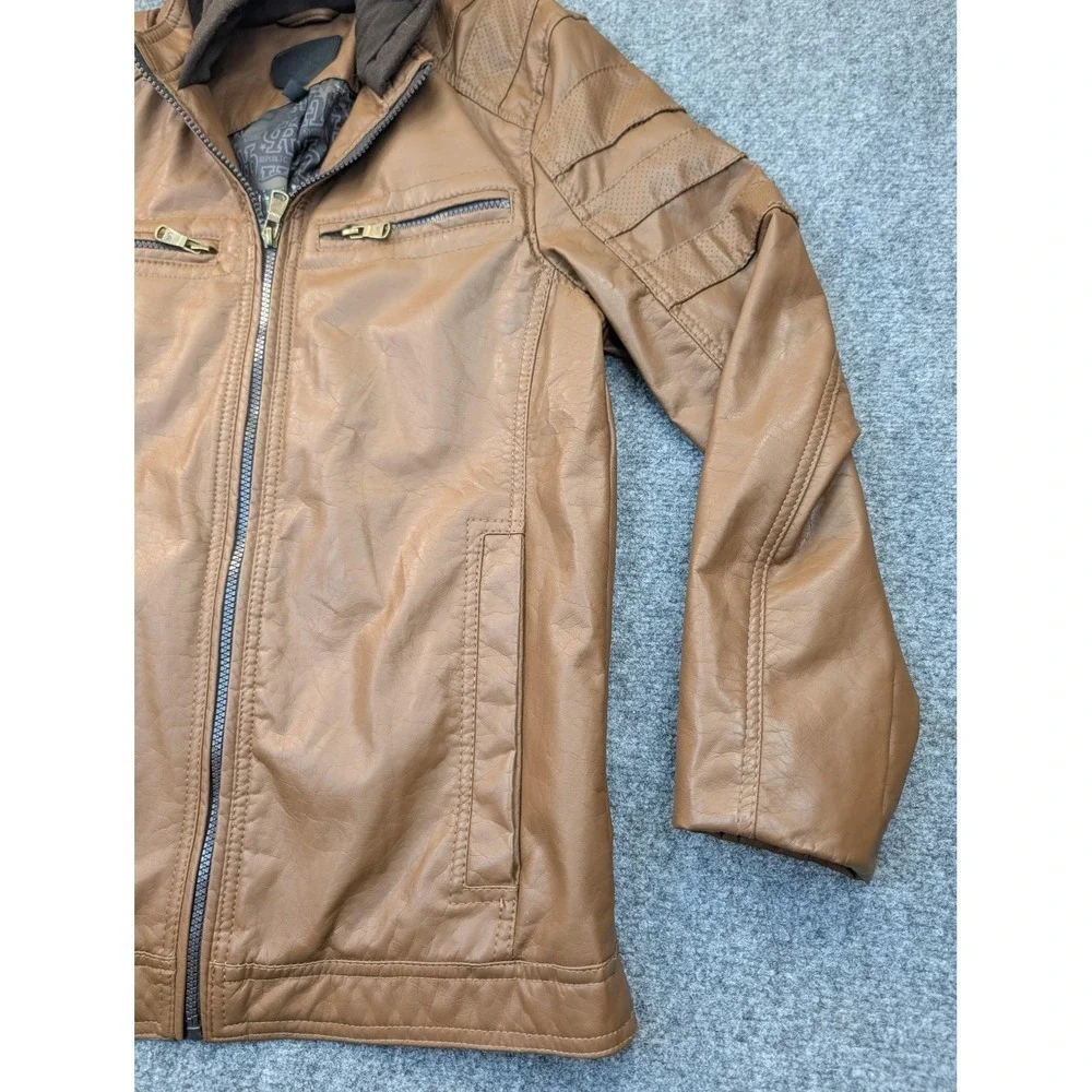 Urban Republic Jacket Mens Small Brown Faux Leather Hooded Moto Zip Pockets - Picture 3 of 12